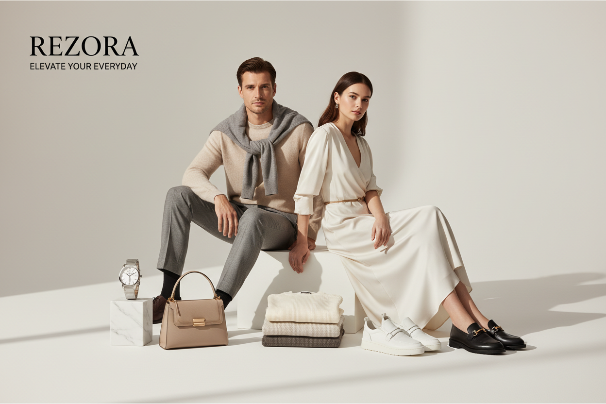 Premium fashion and lifestyle e-commerce banner for brand REZORA, featuring modern clothing, watches, handbags, and shoes. Soft neutral colors, luxury aesthetic, studio lighting, minimal background, editorial photoshoot style, high resolution website hero image.